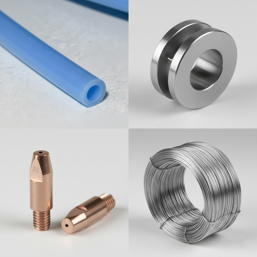  коллаж из четырех фото: тефлоновый канал, U-образный ролик, мундштук с маркировкой AL и катушка алюминиевой проволоки.png